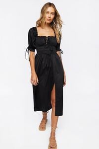 BLACK Smocked Puff-Sleeve Midi Dress, image 1