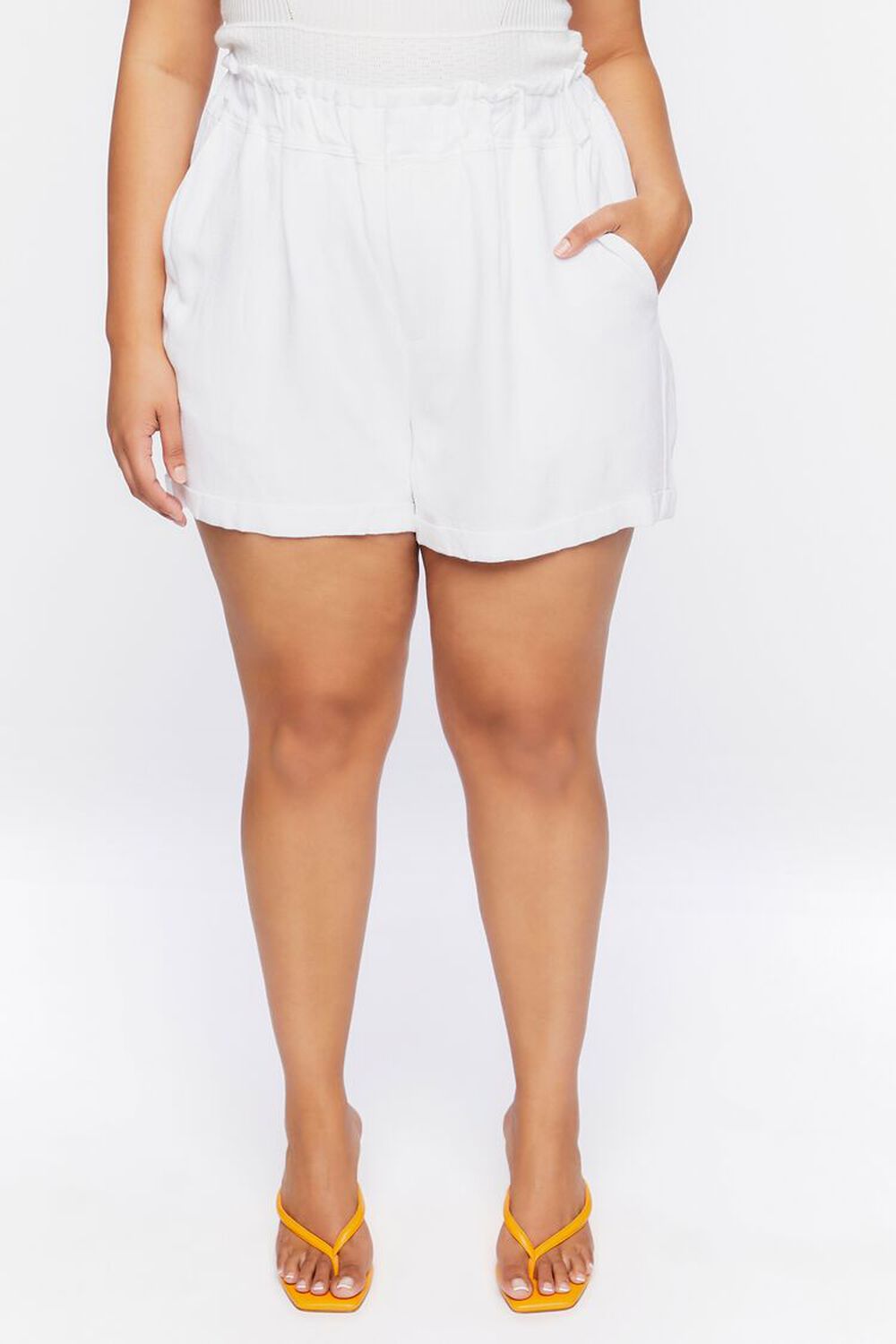 WHITE Plus Size Paperbag High-Rise Shorts, image 2