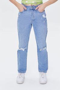 MEDIUM DENIM Recycled Cotton Distressed High-Rise Mom Jeans, image 2