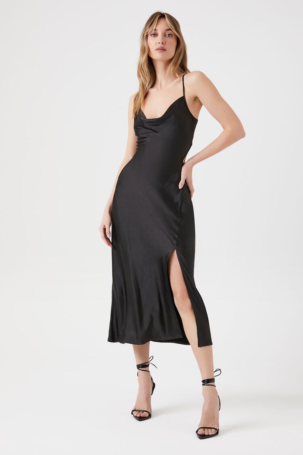 BLACK Satin Cowl Neck Midi Dress, image 1
