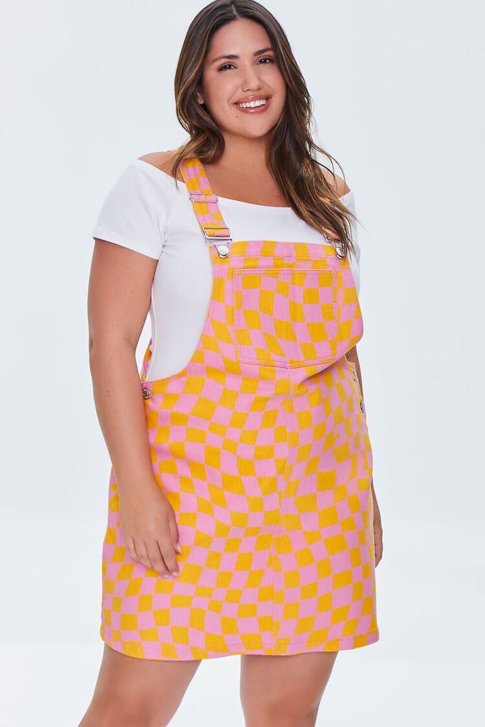PINK/MULTI Plus Size Checkered Overall Dress, image 1