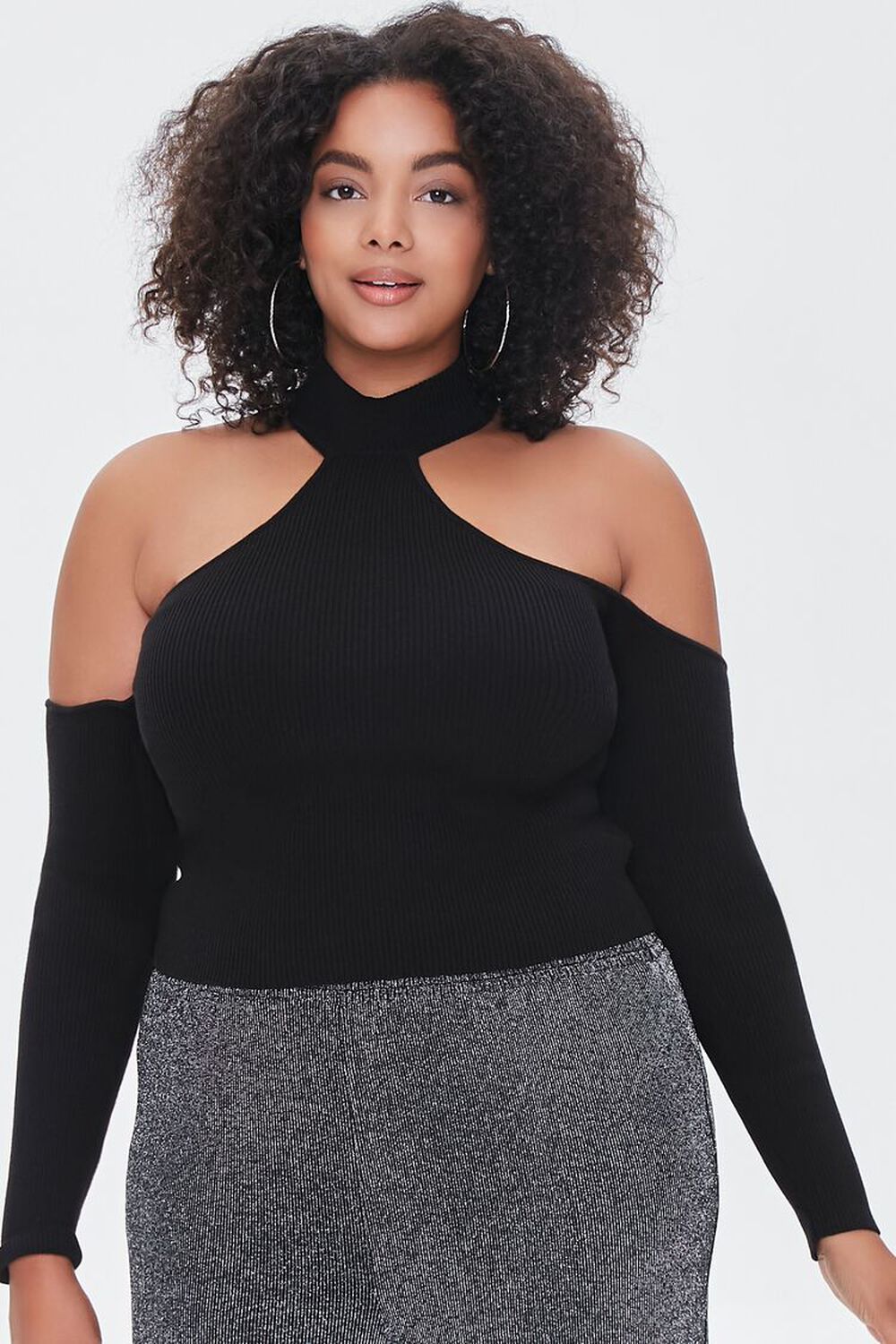 BLACK Plus Size Ribbed Open-Shoulder Sweater, image 1