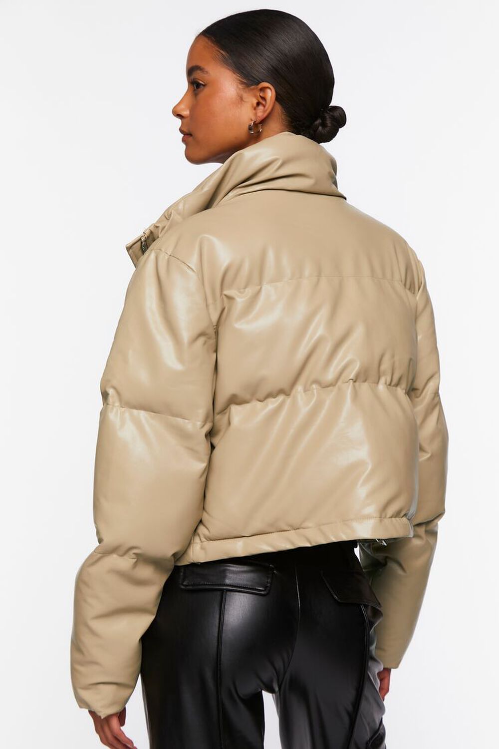 TAUPE Faux Leather Drawstring Puffer Jacket, image 3