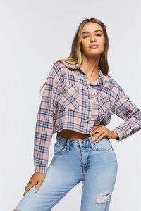 PINK/MULTI Plaid Flannel Cropped Shirt, image 1