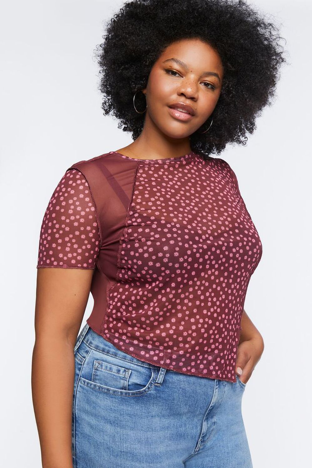 MERLOT/MULTI Plus Size Reworked Ditsy Floral Mesh Tee, image 1