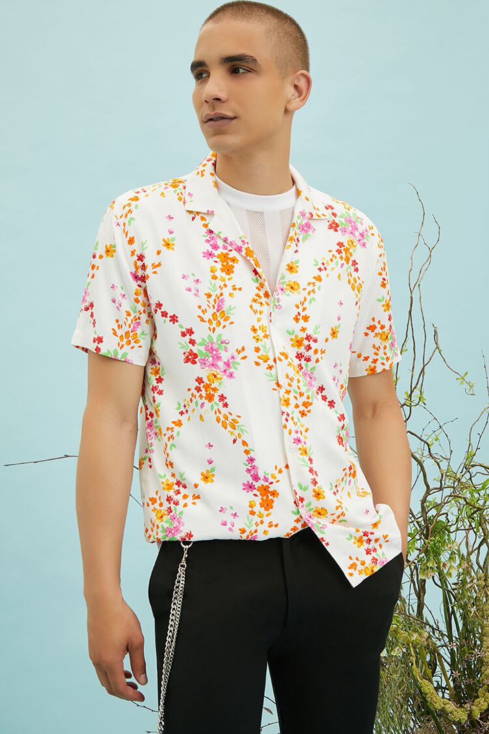 WHITE/MULTI Floral Print Fitted Shirt, image 1