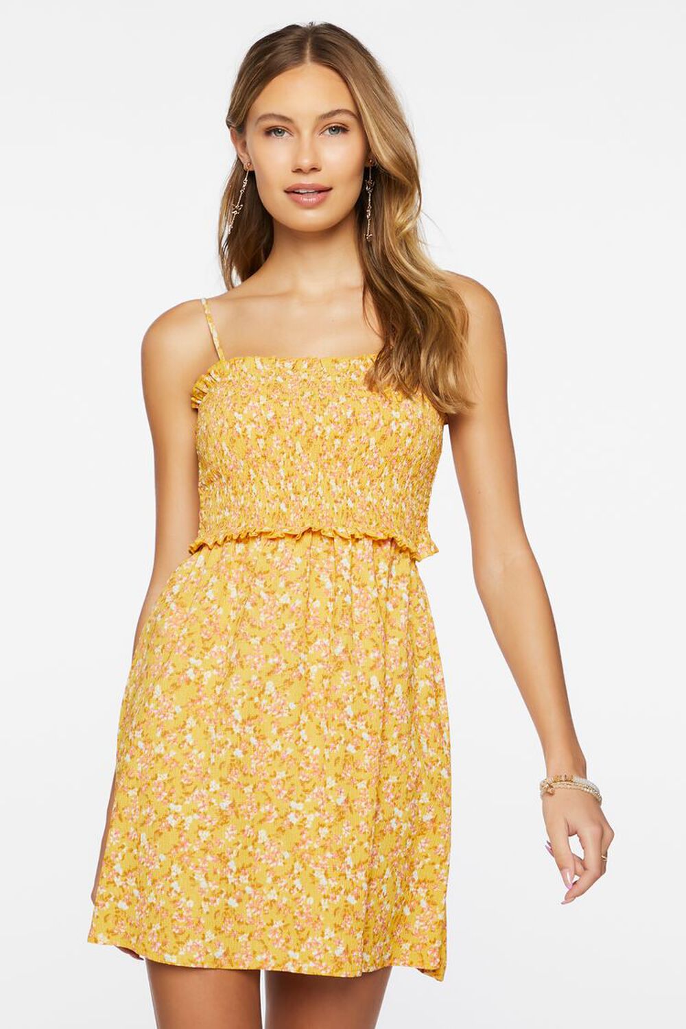 YELLOW/MULTI Ditsy Floral Smocked Mini Dress, image 1