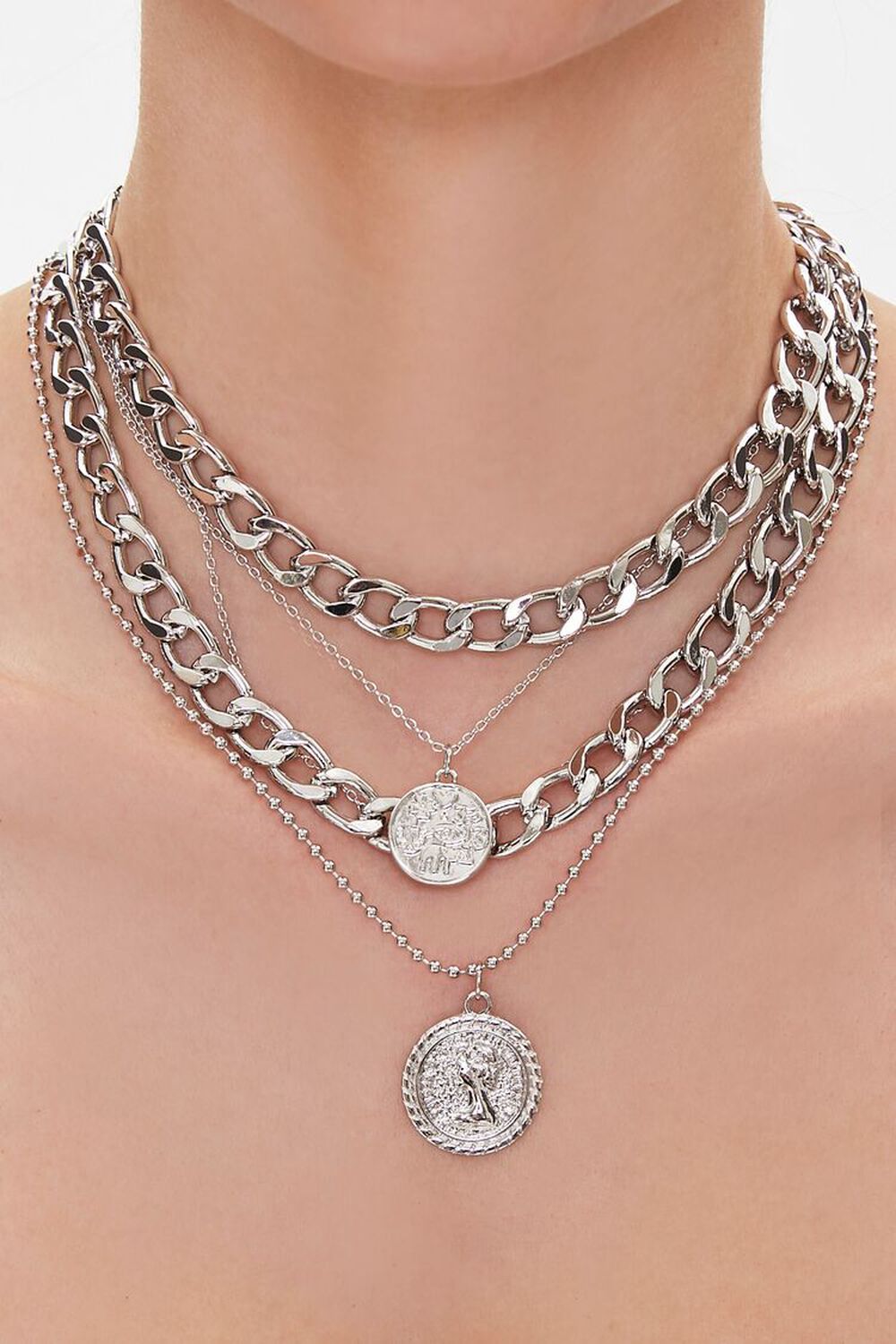 SILVER Coin Pendant Layered Necklace, image 1
