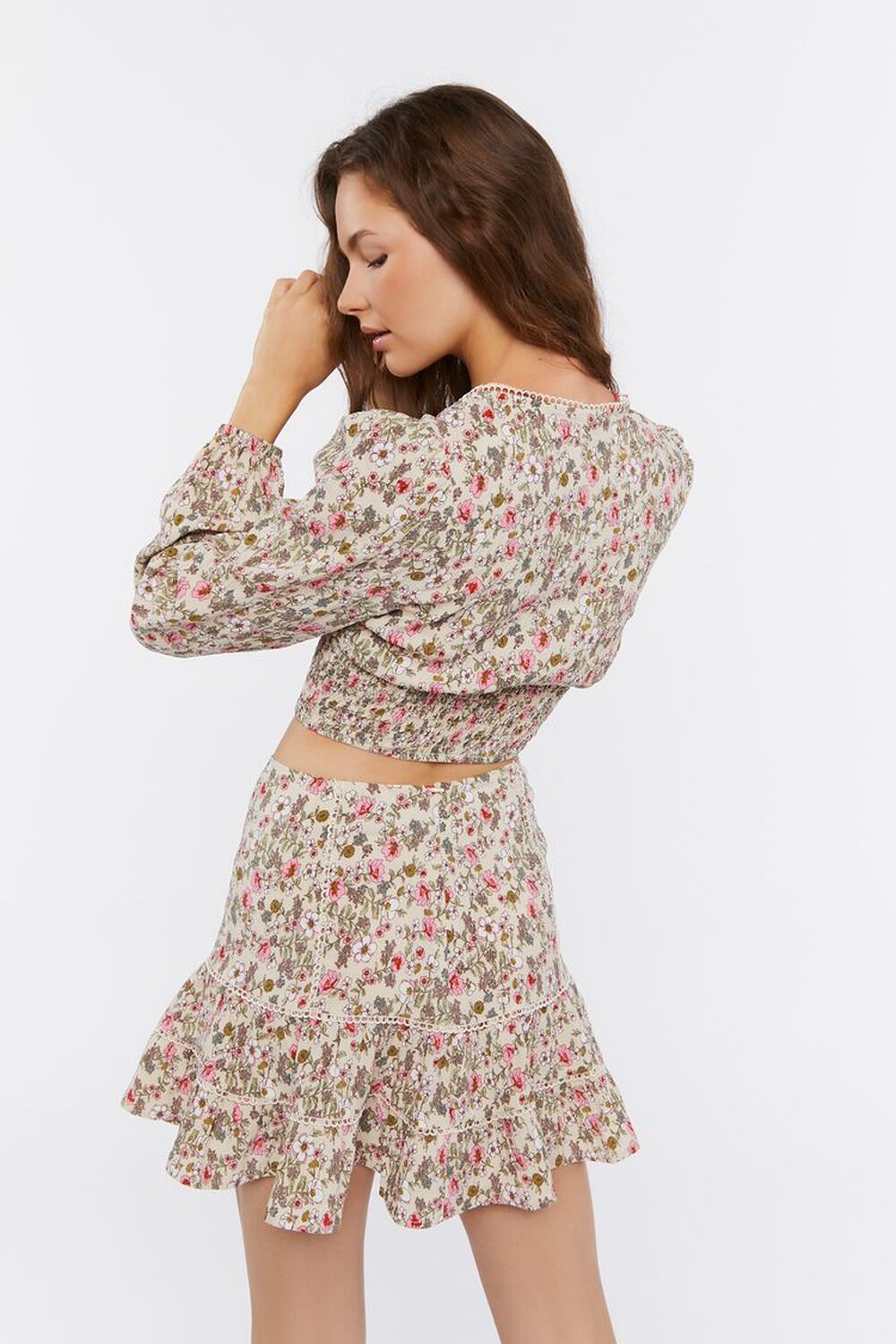 TAN/MULTI Floral Print Crop Top & Mini Skirt Set, image 3