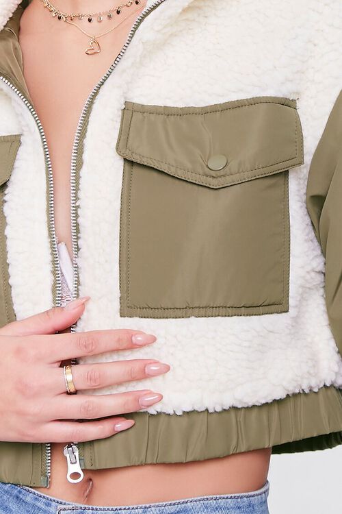 CREAM/OLIVE Colorblock Faux Shearling Jacket, image 5