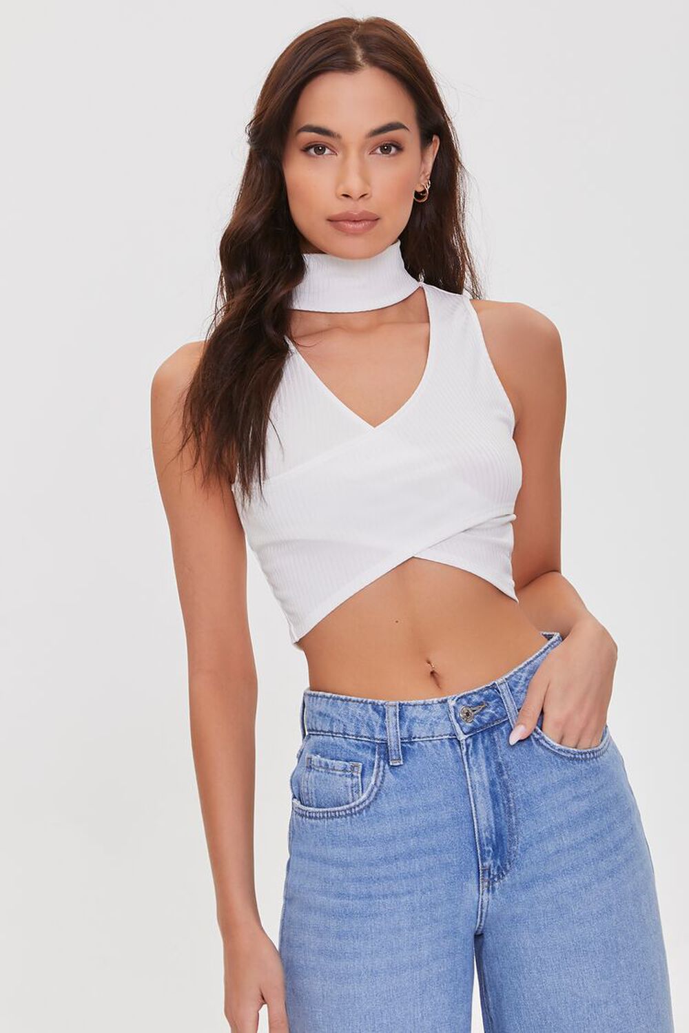 WHITE Ribbed Crossover Cutout Crop Top, image 1