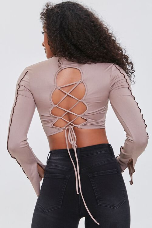 TAUPE/CHOCOLATE Lettuce-Edge Lace-Back Crop Top, image 4