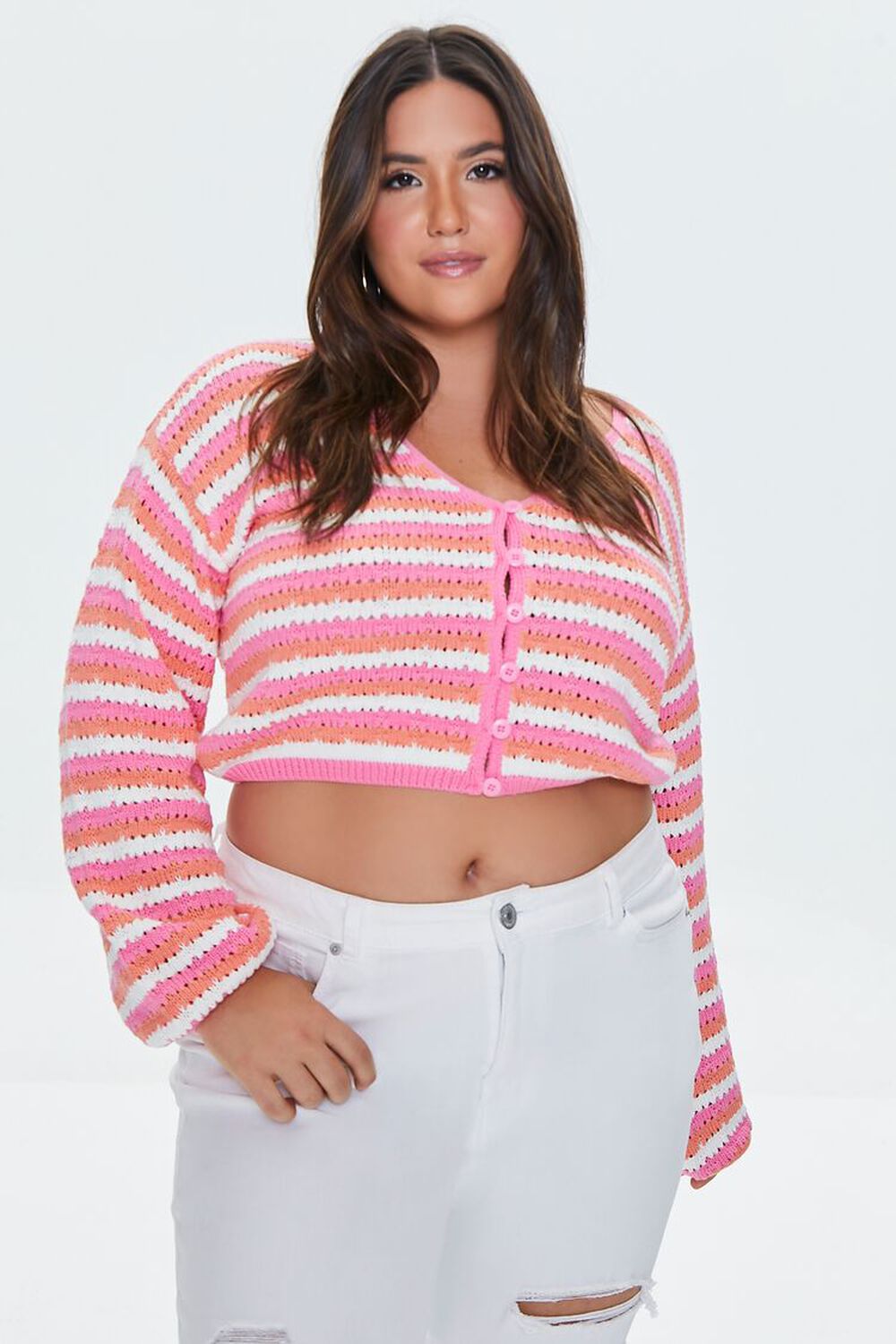 PINK/MULTI Plus Size Striped Crochet Cardigan Sweater, image 1