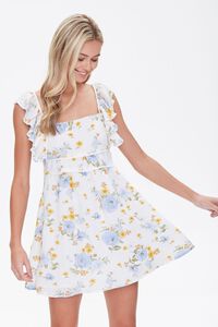 CREAM/BLUE Floral Print Mini Dress, image 1