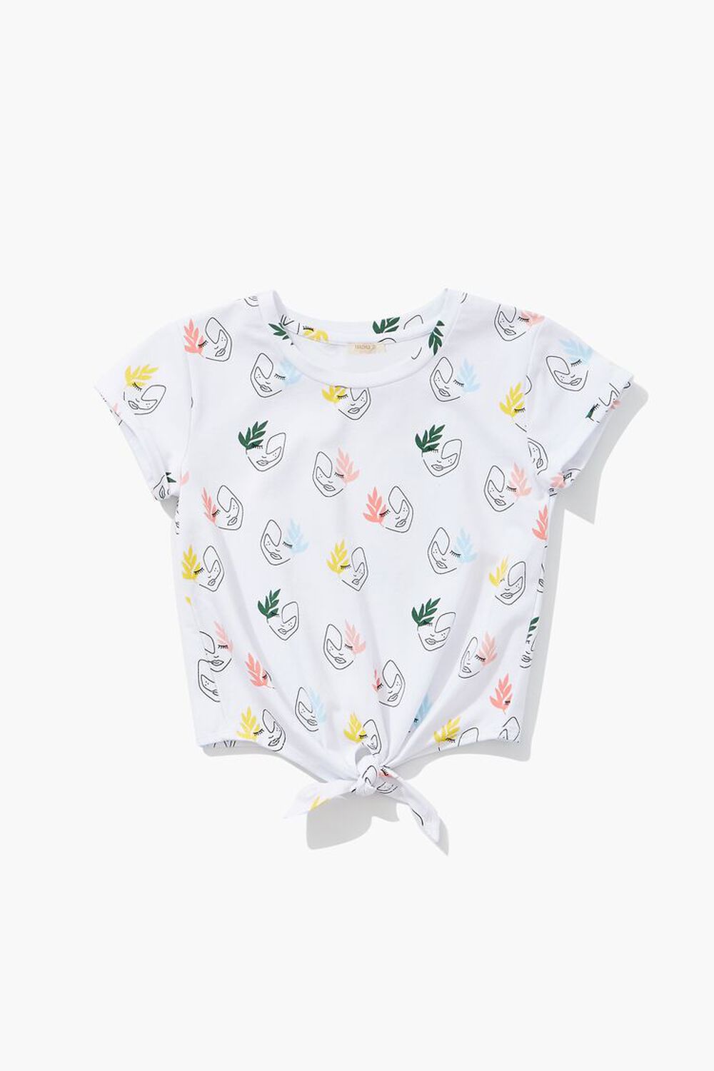 WHITE/MULTI Girls Leaf Face Print Knotted Tee (Kids), image 1