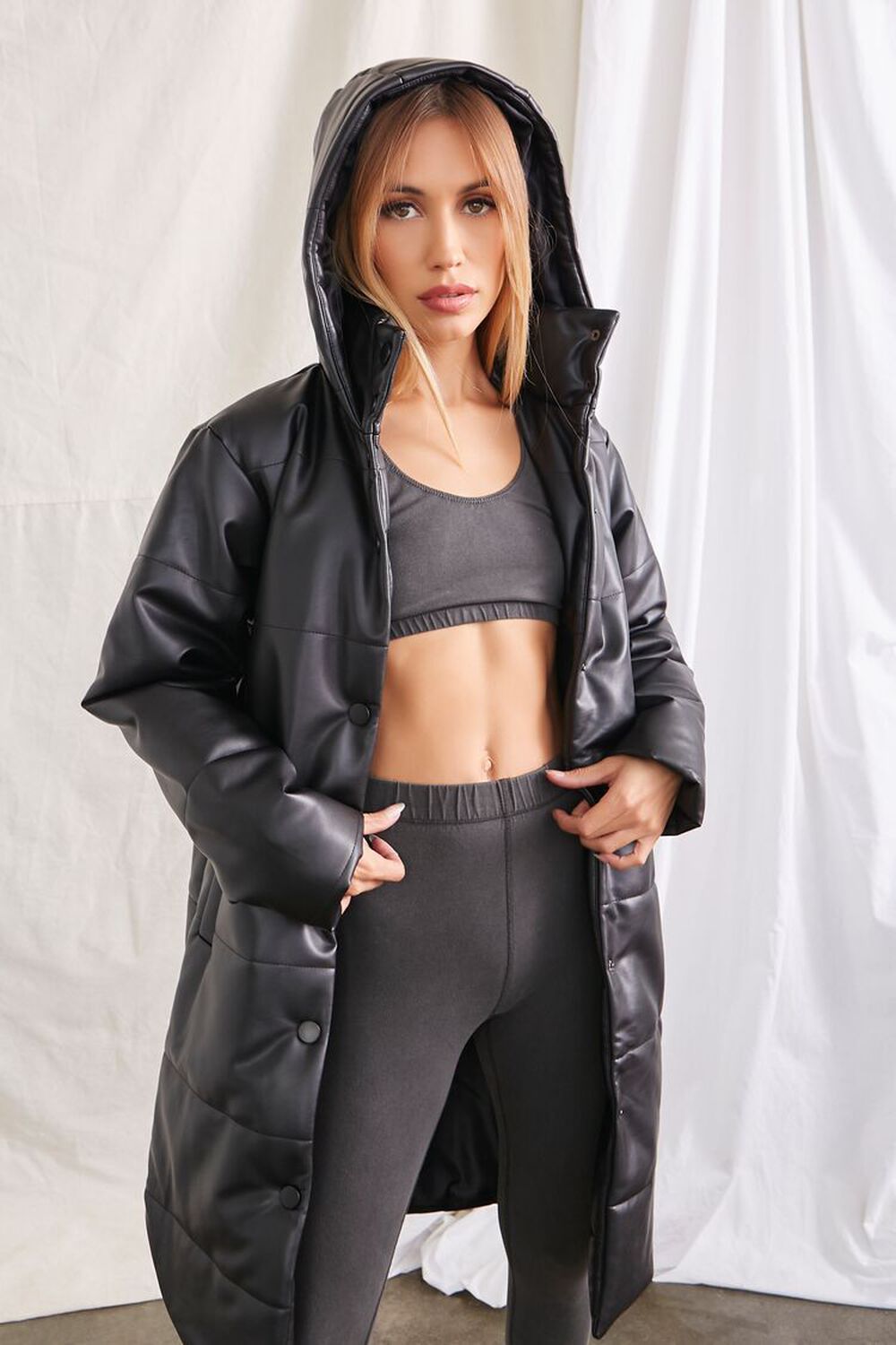 BLACK Quilted Faux Leather Longline Jacket, image 1