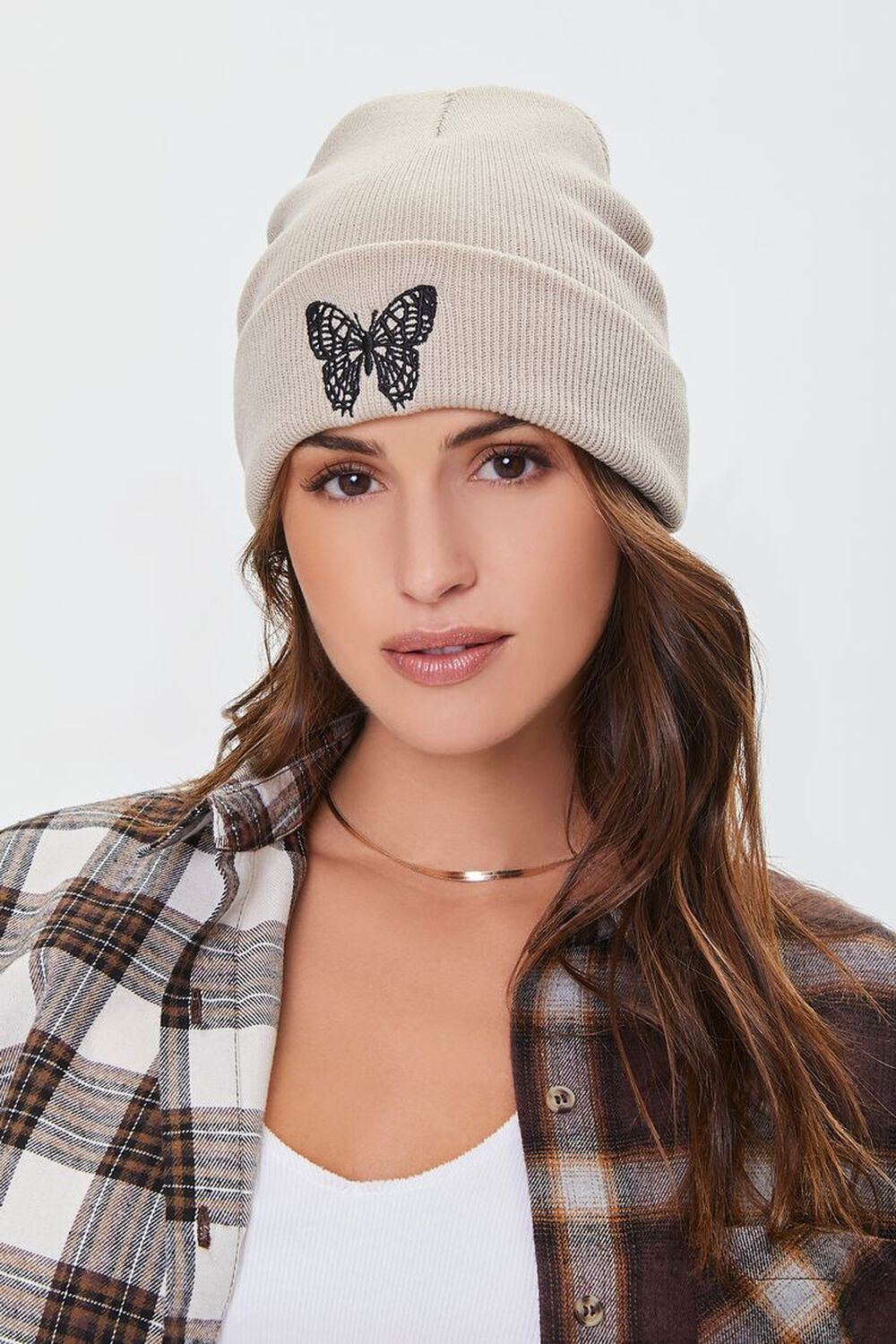OATMEAL/BLACK Embordered Butterfly Beanie, image 1