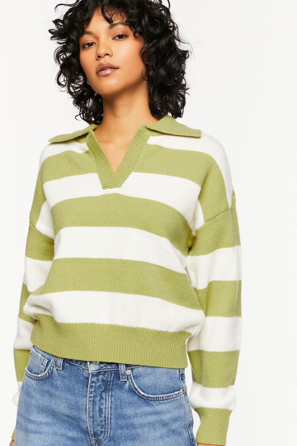 GREEN/CREAM Striped Collared Sweater, image 1