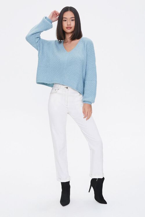 LIGHT BLUE Open-Knit V-Neck Sweater, image 4