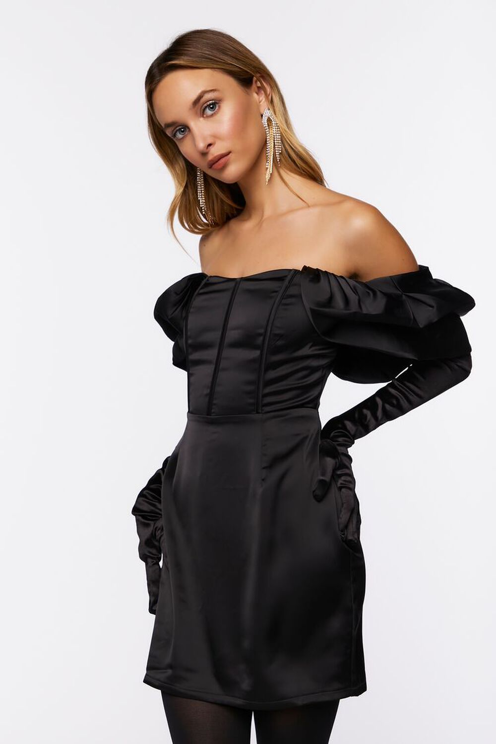 BLACK Satin Off-the-Shoulder Corset Dress, image 2
