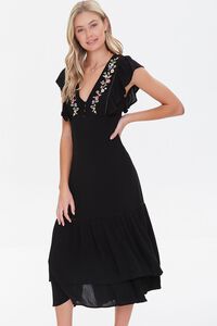 BLACK/MULTI Floral Embroidered Midi Dress, image 1