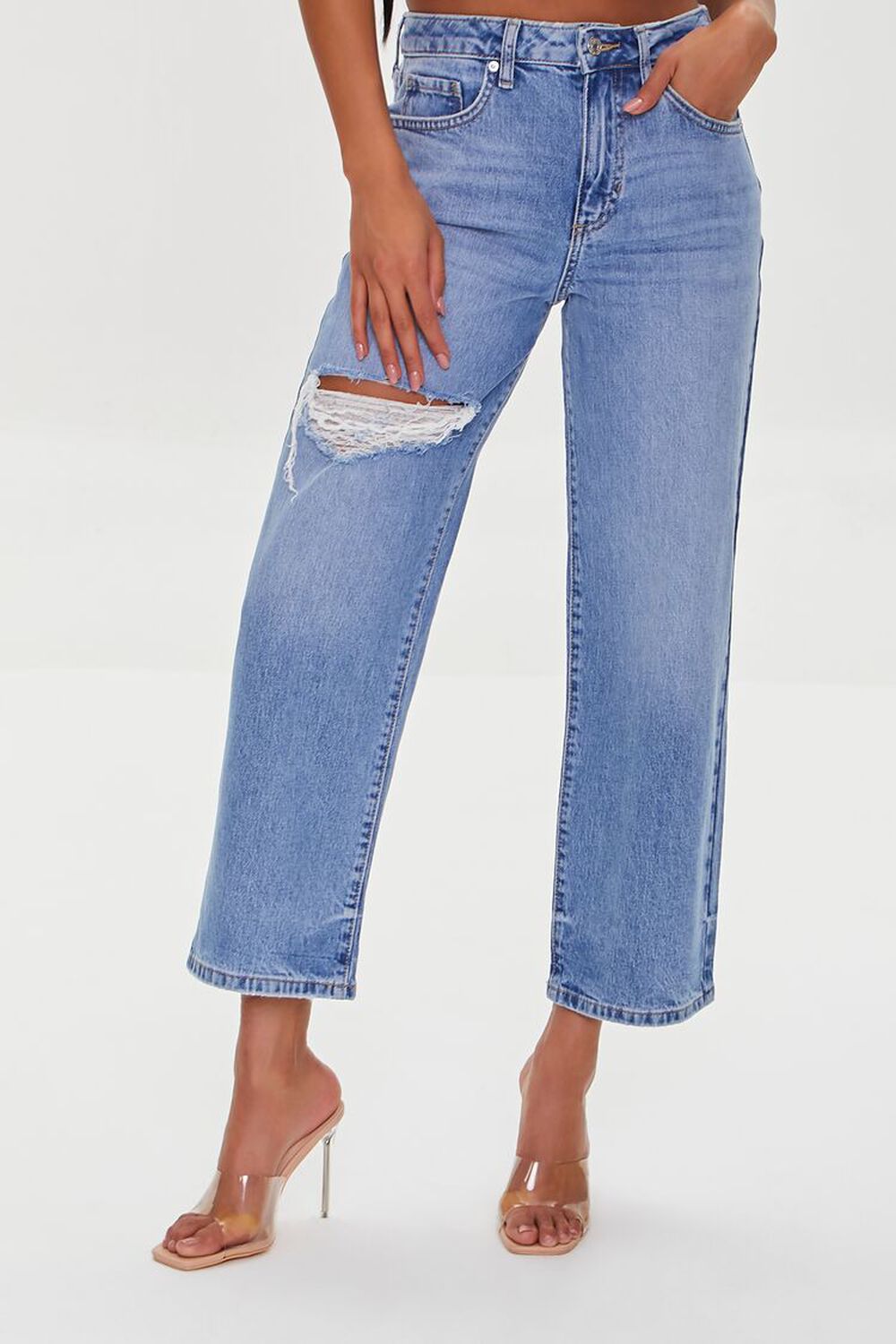MEDIUM DENIM Recycled Cotton Distressed Straight-Leg Jeans, image 2