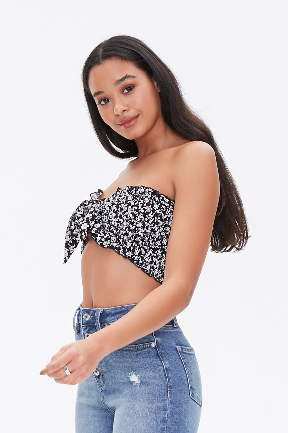BLACK/WHITE Tie-Front Floral Tube Top, image 2