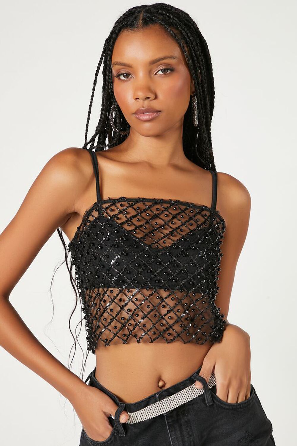 Sheer Mesh Bead & Sequin Cropped Cami, image 2