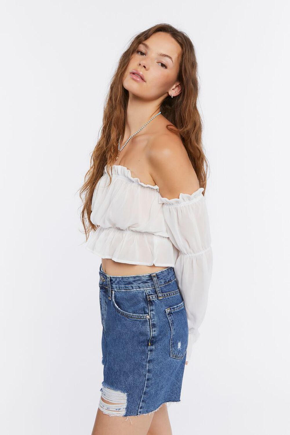 IVORY Ruffle Off-the-Shoulder Crop Top, image 2