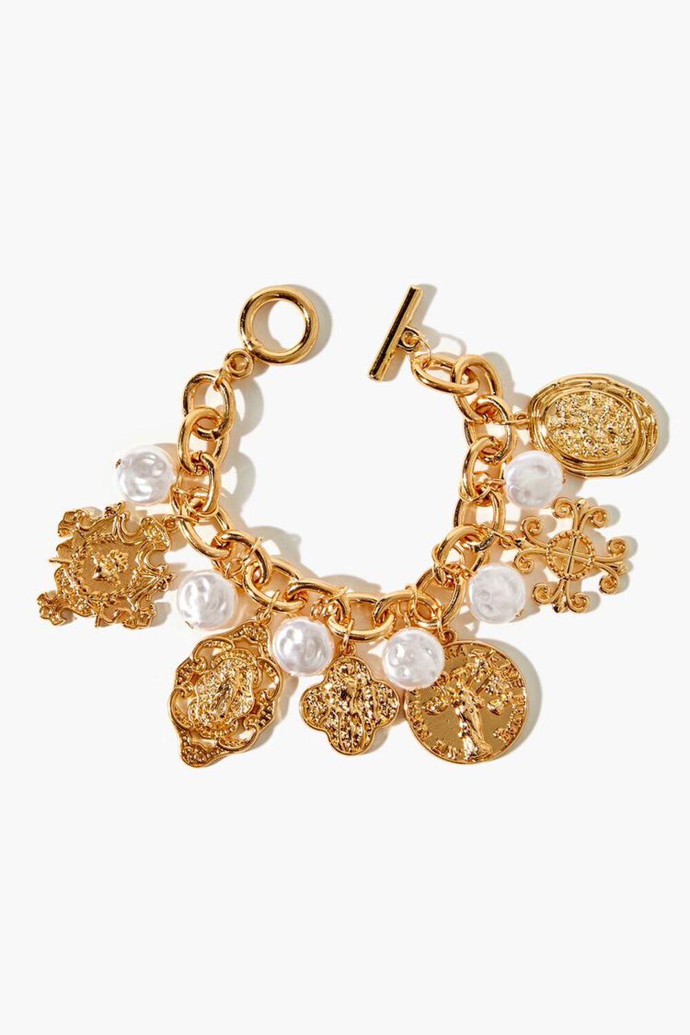 GOLD Ornate Faux Pearl Charm Bracelet, image 1