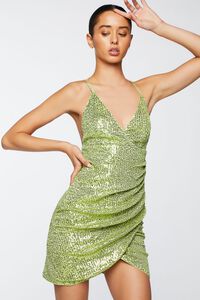GREEN Sequin Ruched Bodycon Mini Dress, image 1