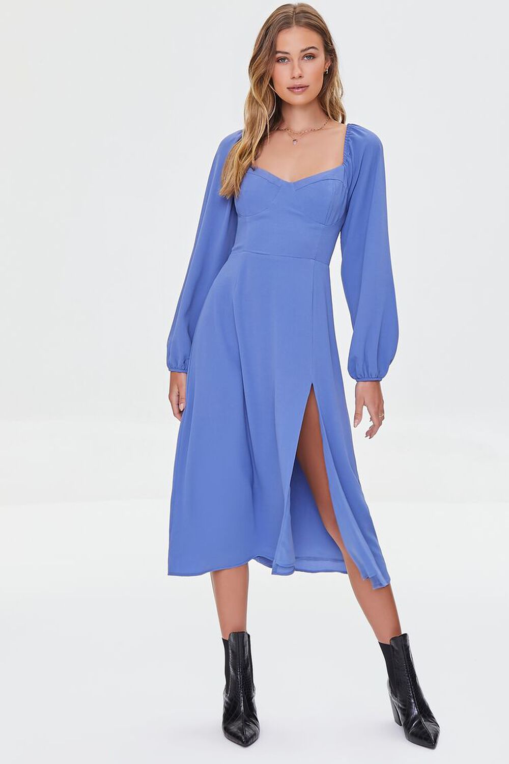 BLUE Sweetheart Peasant-Sleeve Dress, image 1