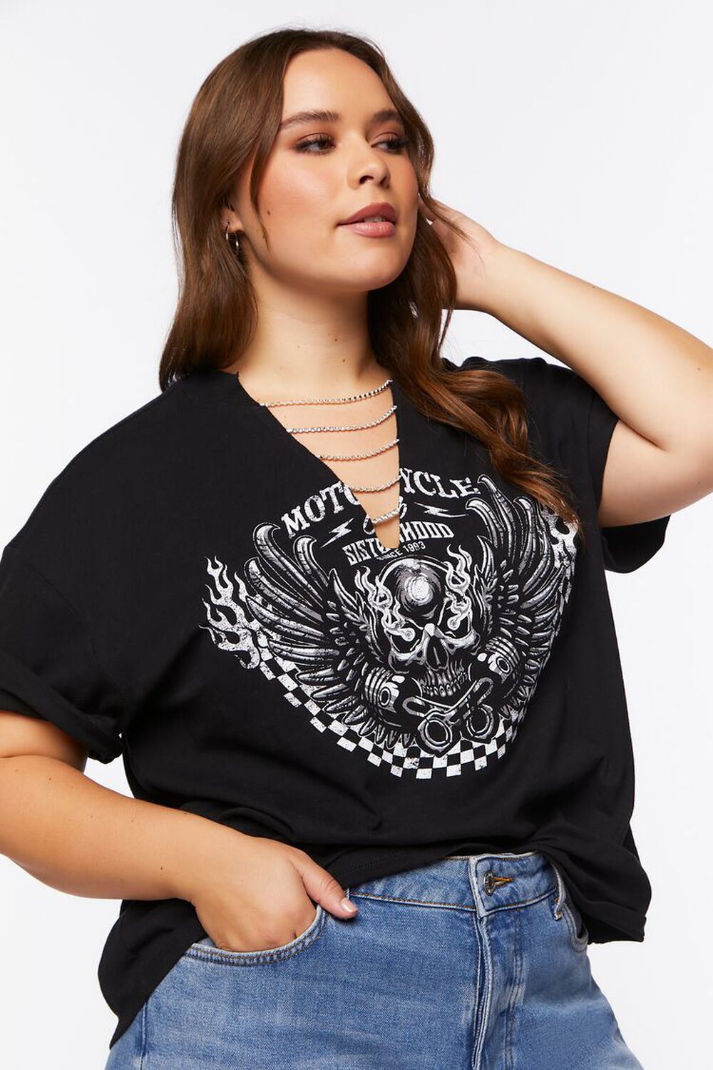 BLACK/SILVER Plus Size Motorcycle Graphic Chain Tee, image 1