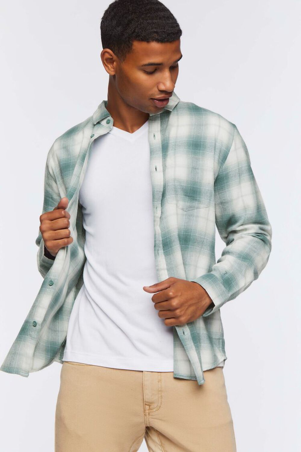 GREEN/WHITE Plaid Flannel Shirt, image 1