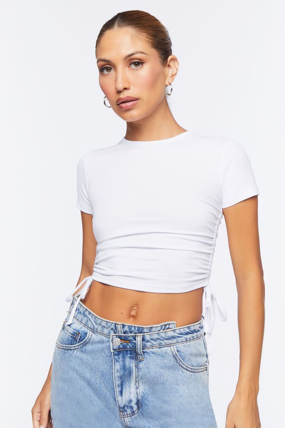 WHITE Ruched Drawstring Cropped Tee, image 1