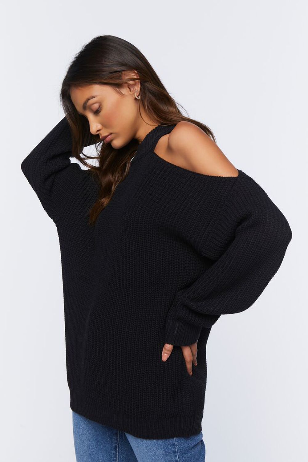 BLACK Asymmetrical Open-Shoulder Sweater, image 2