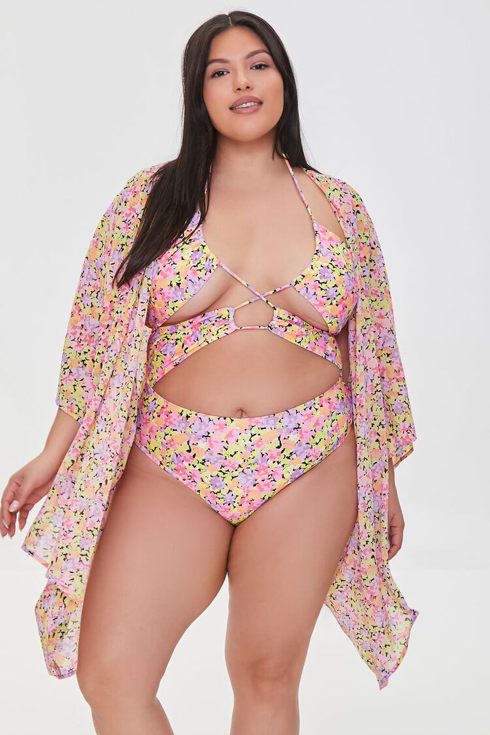Plus Size Floral Swim Cover-Up Kimono