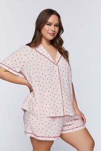 PINK/TOMATO Plus Size Heart Print Shirt & Shorts Pajama Set, image 1