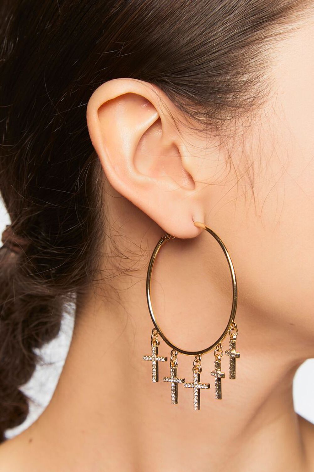 GOLD Rhinestone Cross Hoop Earrings, image 1