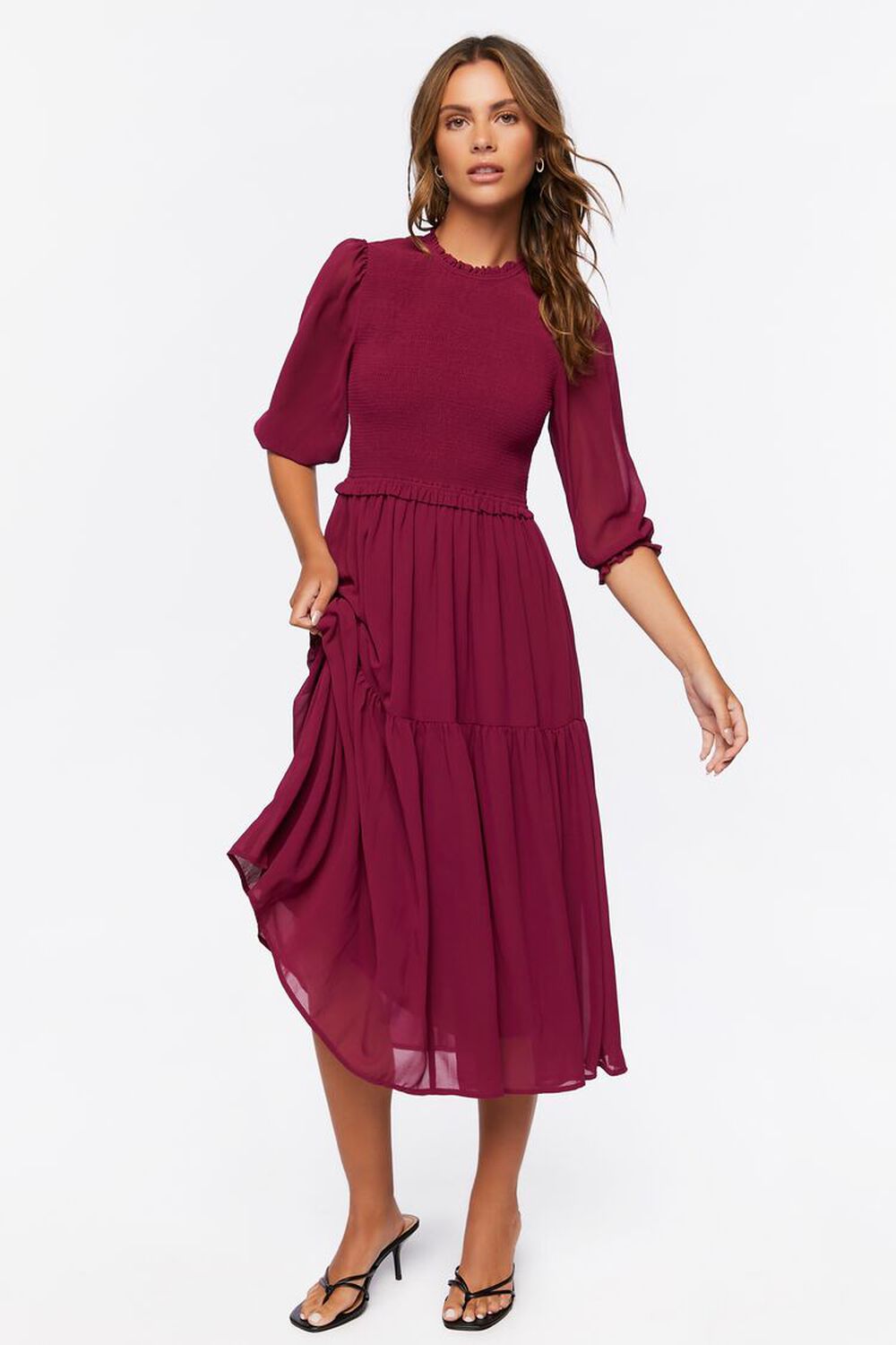 WINE Smocked Peasant-Sleeve Dress, image 1