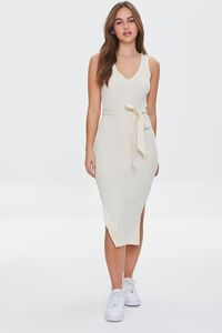 IVORY Belted Ribbed Bodycon Dress, image 1