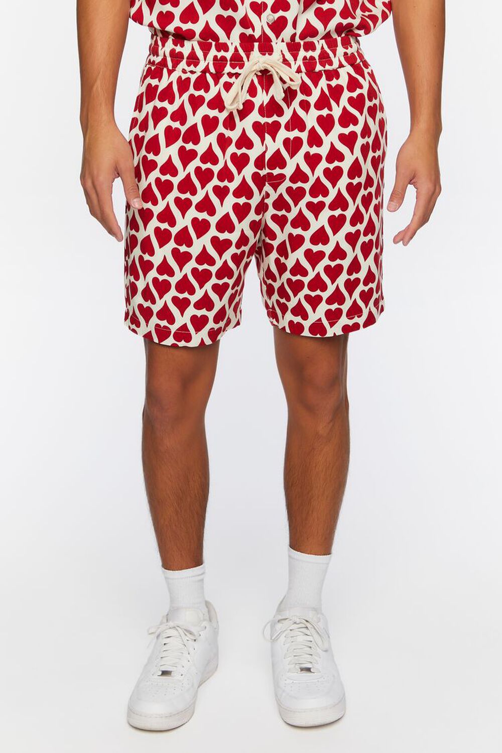 WHITE/RED Heart Print Drawstring Shorts, image 2