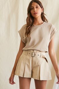 TAUPE Belted Pleat-Front Shorts, image 1