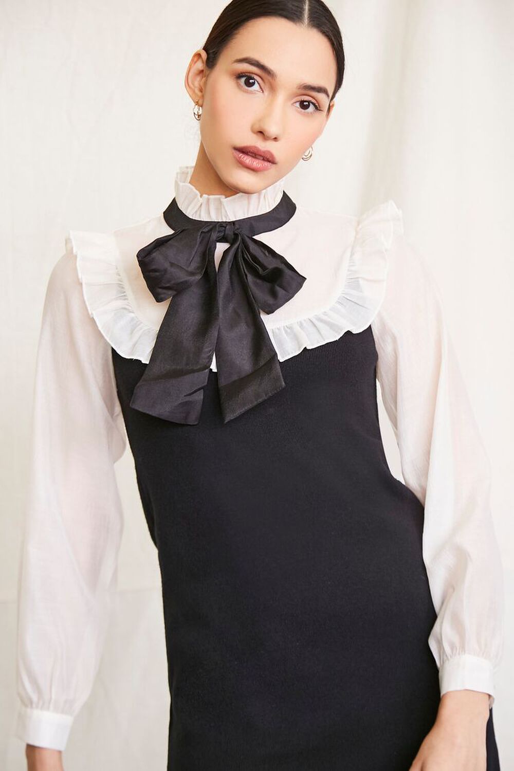 BLACK/WHITE Ruffle-Trim Pussycat Bow Dress, image 1