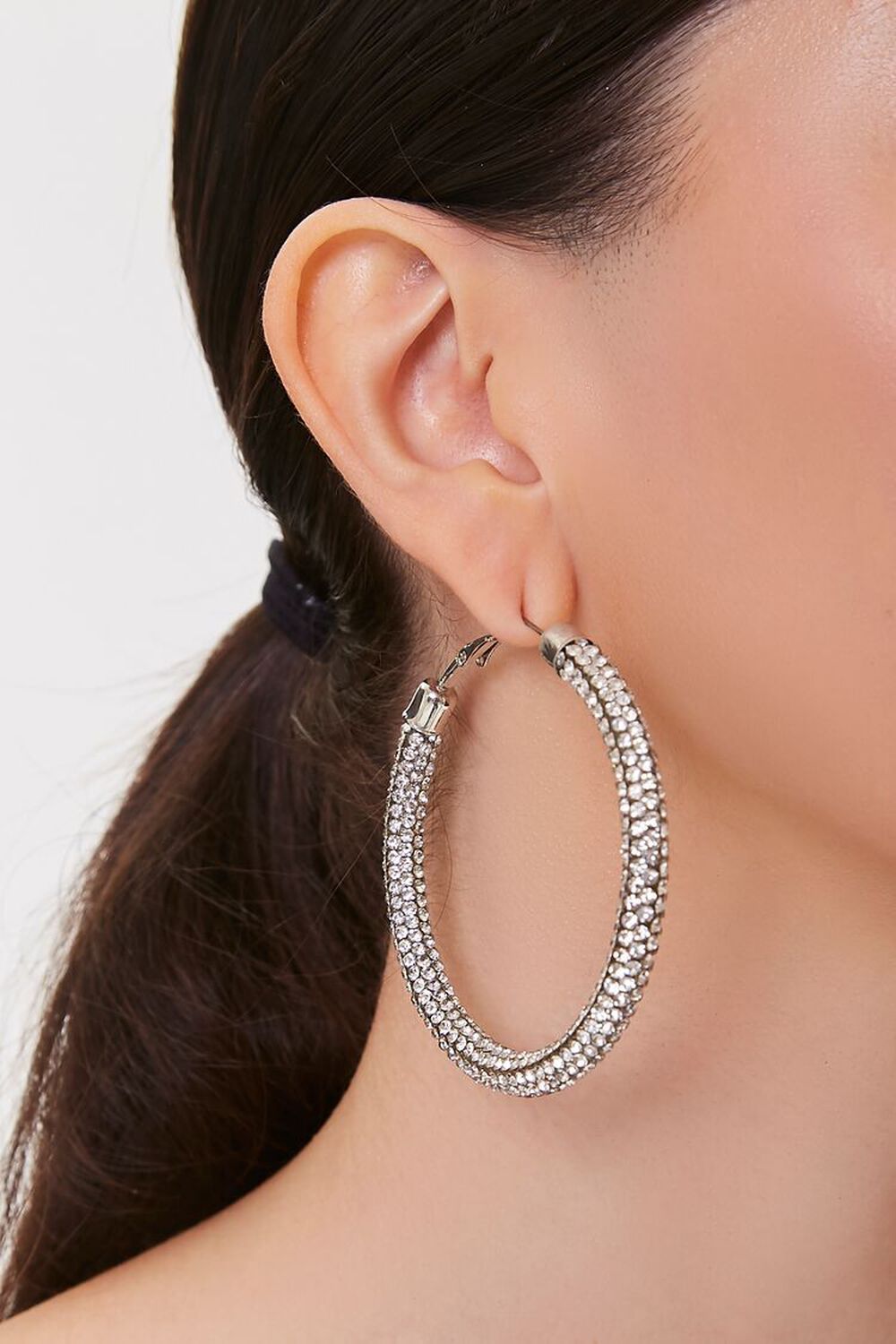 SILVER/CLEAR Rhinestone Hoop Earrings, image 1