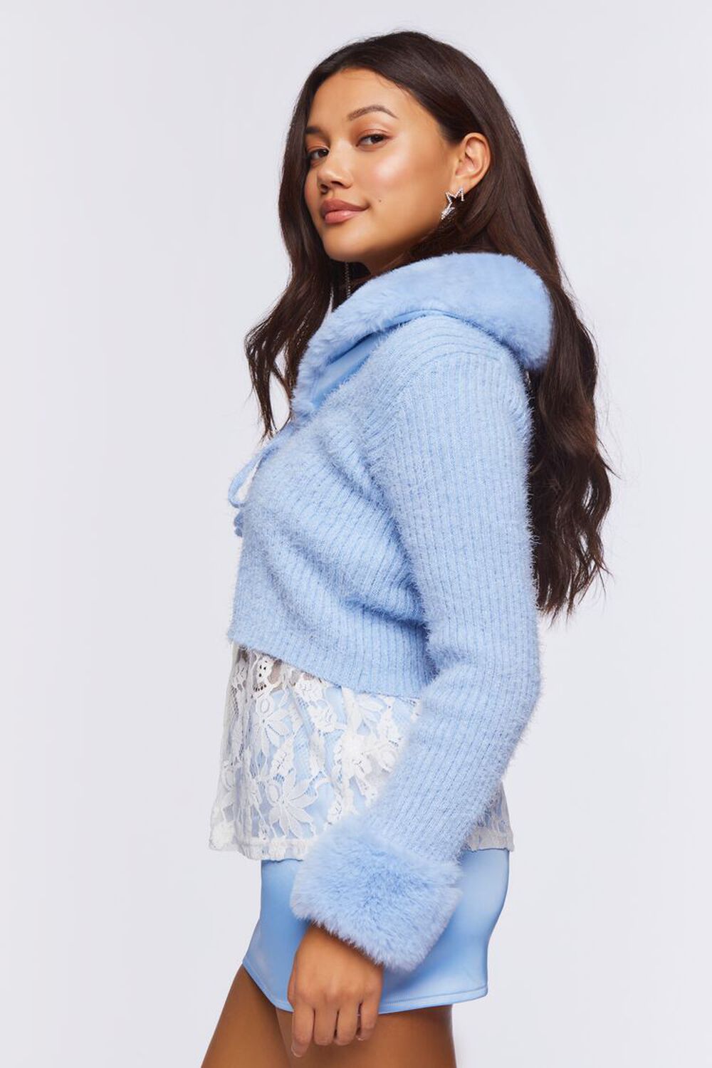 BABY BLUE Faux Fur-Trim Cardigan Sweater, image 2