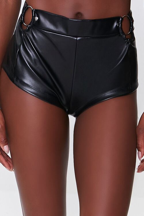 BLACK Faux Leather O-Ring Shorts, image 2