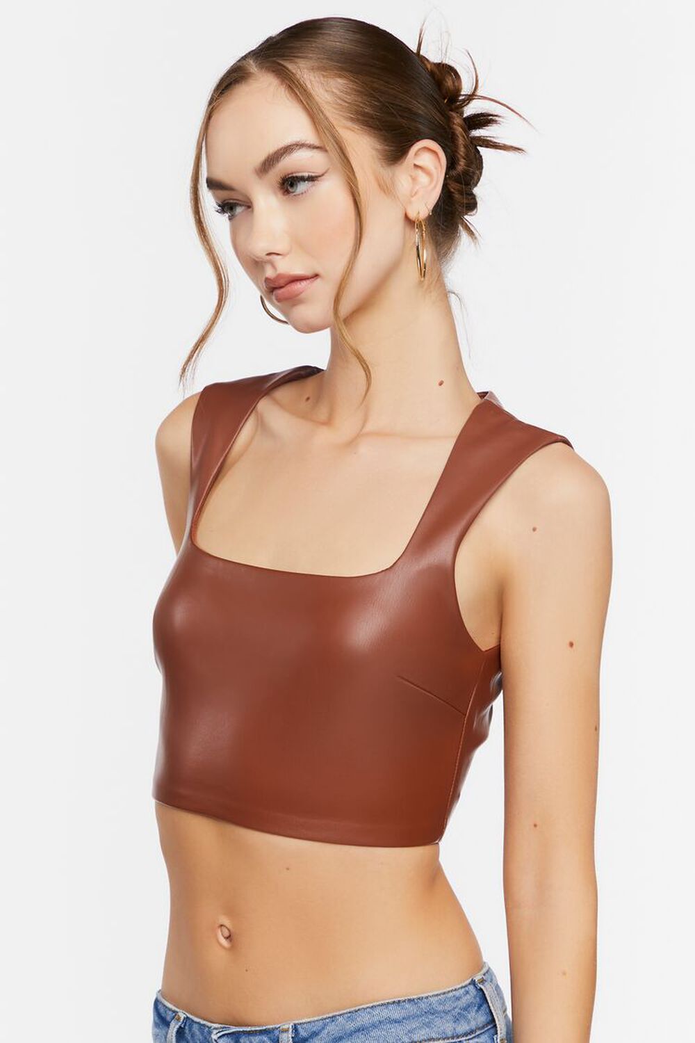 BROWN Faux Leather Crop Top, image 2