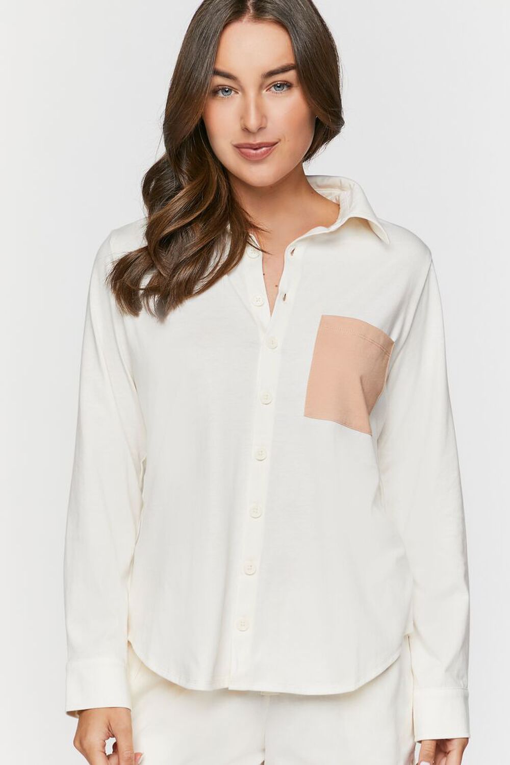 TAN/WHITE Colorblock Patch-Pocket Pajama Shirt, image 1