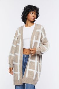 TAUPE/CREAM Longline Grid Cardigan Sweater, image 1